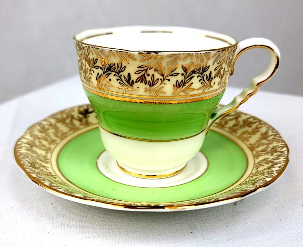 Vintage Royal Stafford Bone China England Tea Cup Saucer Mint Green & Gold Leaf